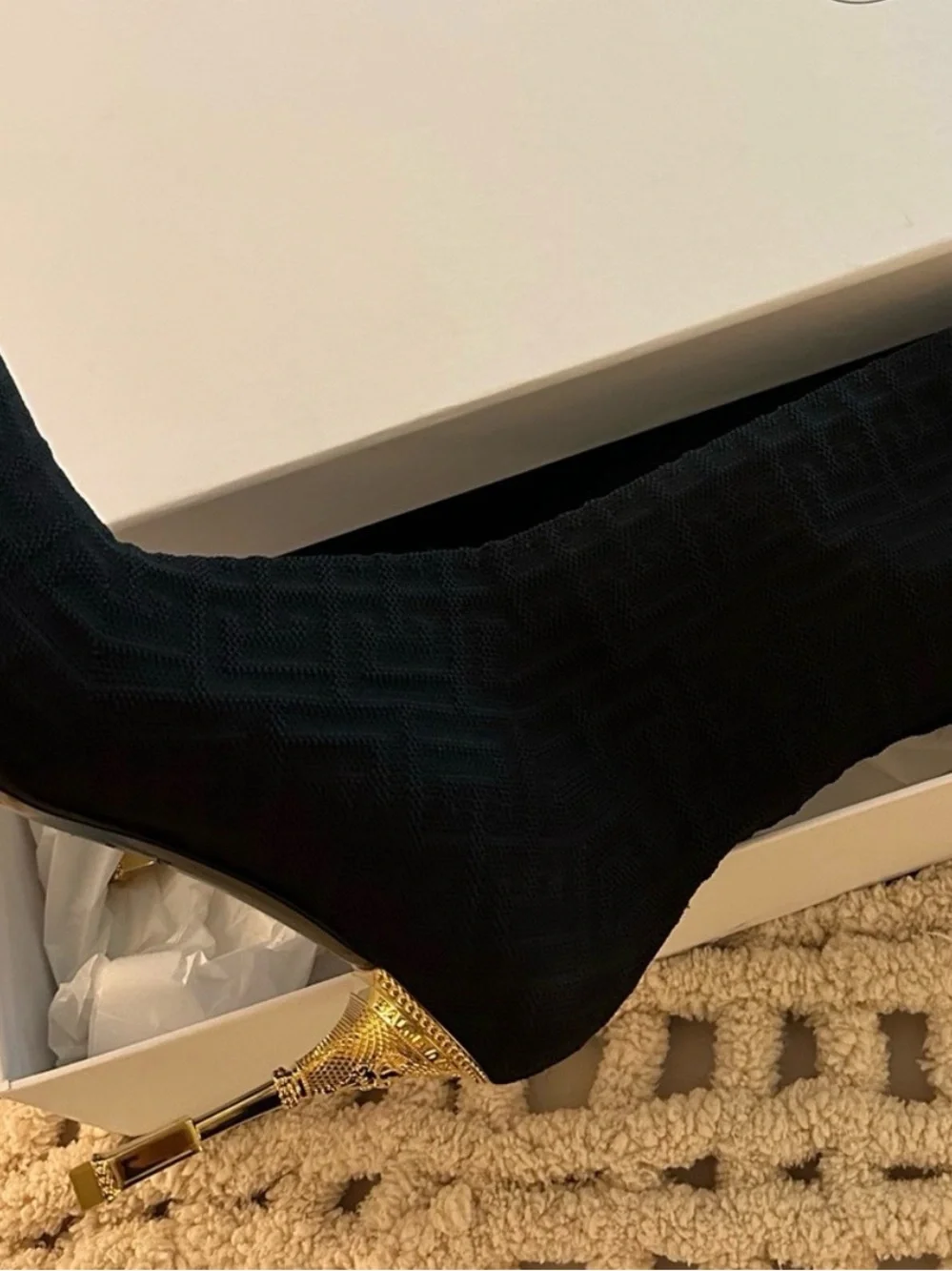 Balmain Black Stretch Knit Sock Boot with Gold Heel Accent